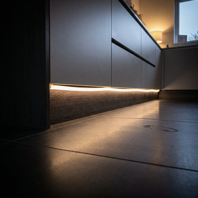 Warm White 3000K 10x6mm neon flex installed in a kitchen plinth and toe-kick