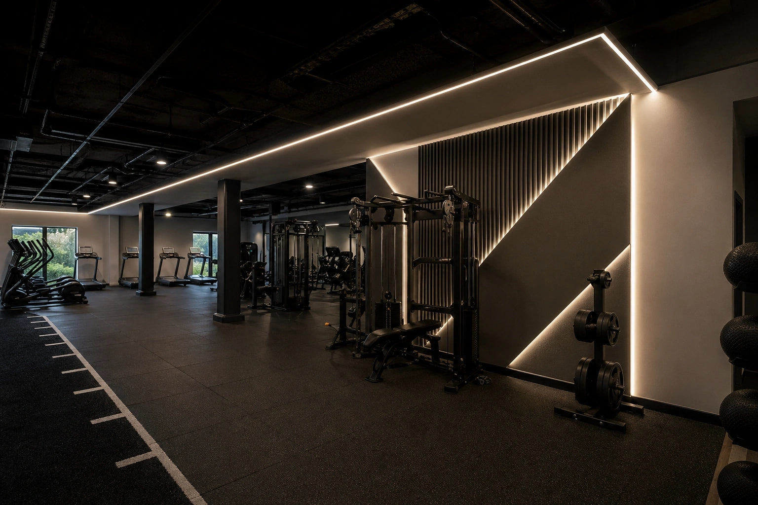 Commercial gym interior with geometric COB strip ceiling lighting