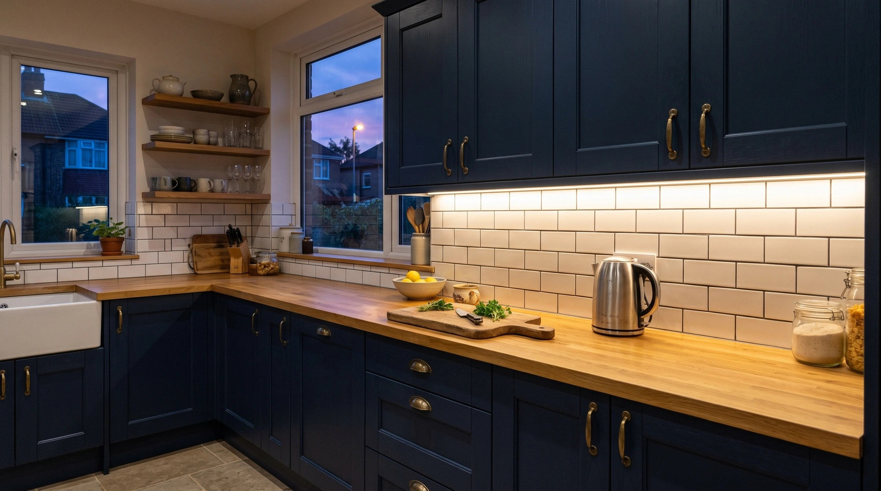 Warm under-cabinet LED strip lighting installed in a navy UK kitchen