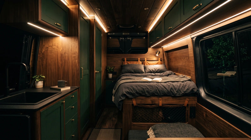 Warm white LED strip lights inside a UK campervan conversion at night