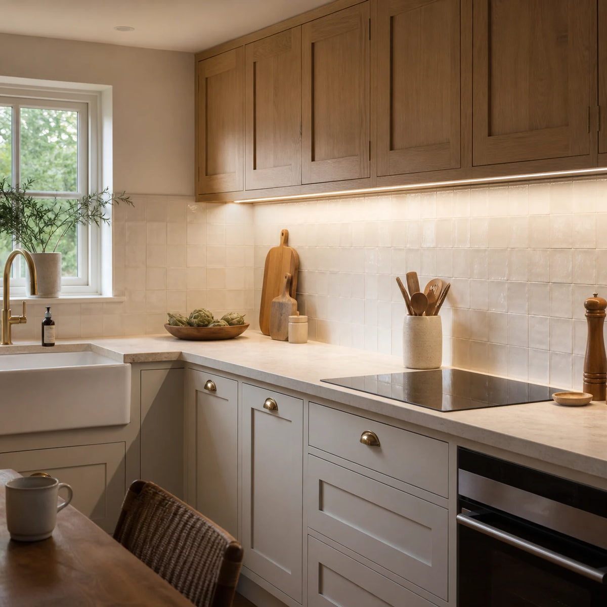 Custom under cabinet lighting installed in a warm oak and off-white kitchen — illustrative interior