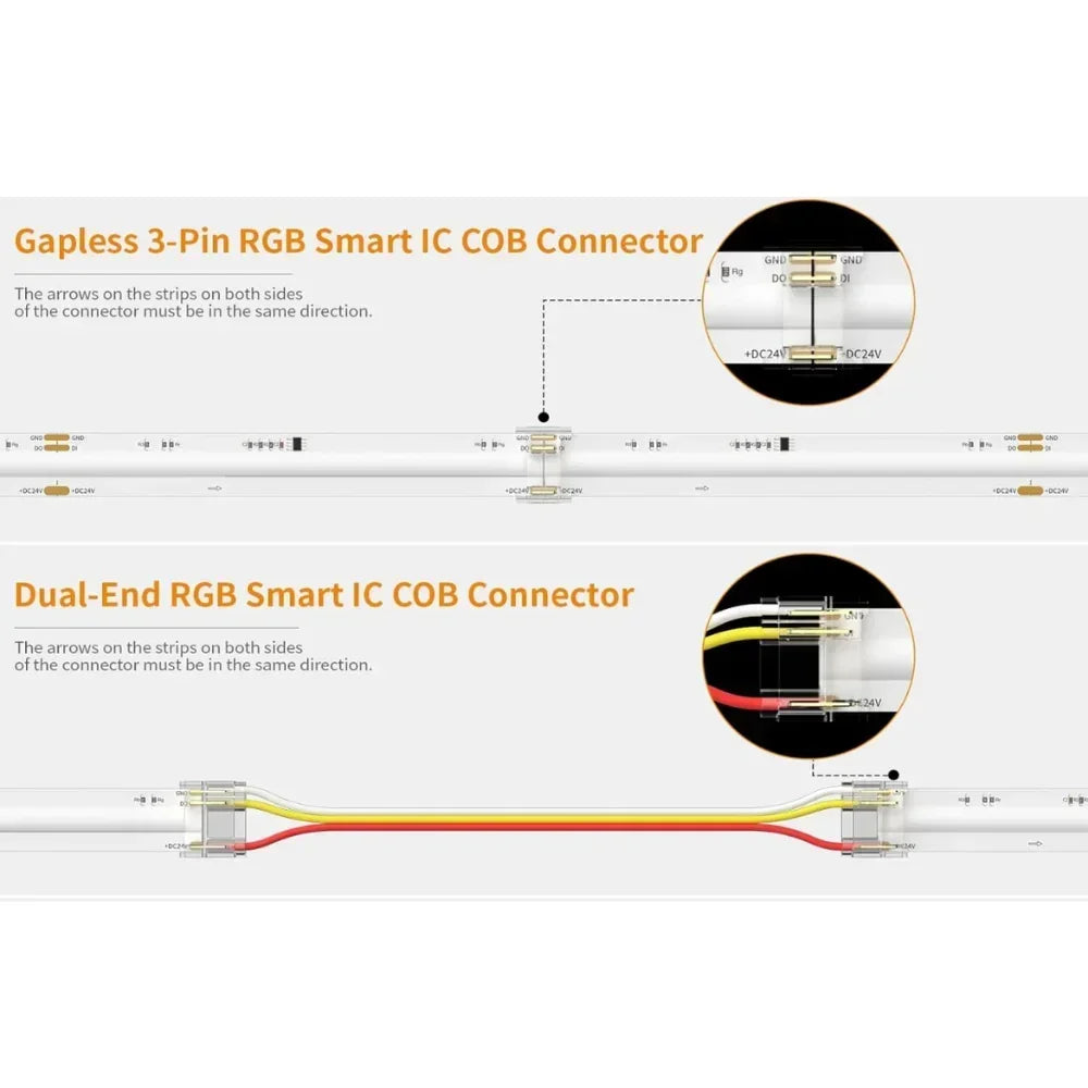 10mm 3-Pin Connectors Kit for RGB IC SPI COB LED Strip Light IP20