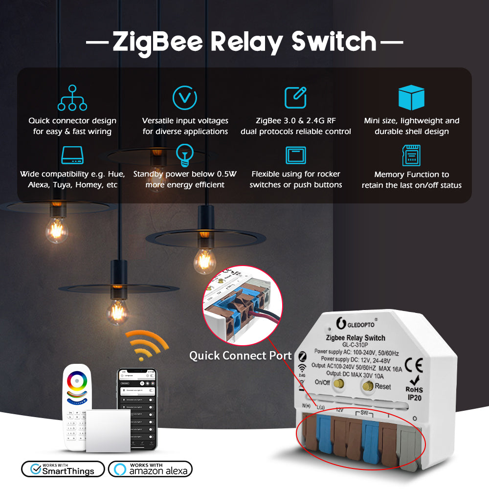 GLEDOPTO Zigbee Relay Switch AC Switch Dimmer Control Box 12V-48VDC or AC 230V GL-C-310P