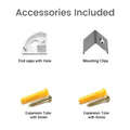 Included accessories: end caps, mounting clips and screw sets