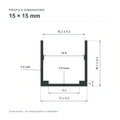 15 × 15 mm aluminium Neon Flex profile cross-section and measurements from datasheet