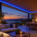 Illustrative blue 8×16mm IP65 neon flex installed under a sheltered outdoor roof