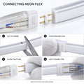 Illustrative 8×16mm AC neon flex two-pin connector fitting sequence; disconnect from mains before fitting