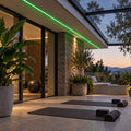 Illustrative green 8×16mm IP65 neon flex installed under a sheltered outdoor roof
