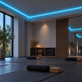 Illustrative ice blue 8×16mm IP65 neon flex installed in dry indoor ceiling coving