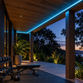 Illustrative ice blue 8×16mm IP65 neon flex installed under a sheltered outdoor roof