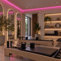 Illustrative pink 8×16mm IP65 neon flex installed in dry indoor ceiling coving