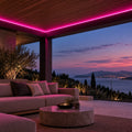 Illustrative pink 8×16mm IP65 neon flex installed under a sheltered outdoor roof