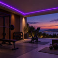 Illustrative purple 8×16mm IP65 neon flex installed under a sheltered outdoor roof