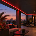 Illustrative red 8×16mm IP65 neon flex installed under a sheltered outdoor roof