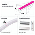 Illustrative 8×16mm neon flex side-bend, marked cut point and clip-mounting diagram; pink strip is an example colour