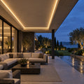 Illustrative warm white 8×16mm IP65 neon flex in ceiling coving beneath a fully sheltered outdoor roof