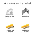 Included accessories: end caps, mounting clips and screw sets