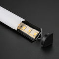 Black 16x16mm corner profile with the diffuser open showing strip and end cap