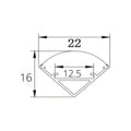 16x16mm corner profile dimensions, 22mm face and 12.5mm channel for 12mm strip