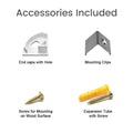 Included accessories: end caps, mounting clips and screws