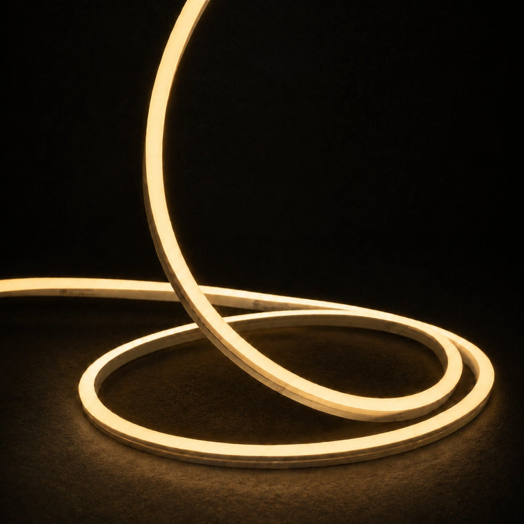 2700K horizontal-bend neon flex raised strand and loops on dark charcoal with soft surface illumination; colour-adjusted product photograph