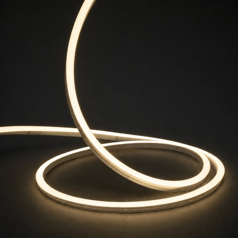 3000K horizontal-bend neon flex raised strand and loops on dark charcoal with soft surface illumination; colour-adjusted product photograph