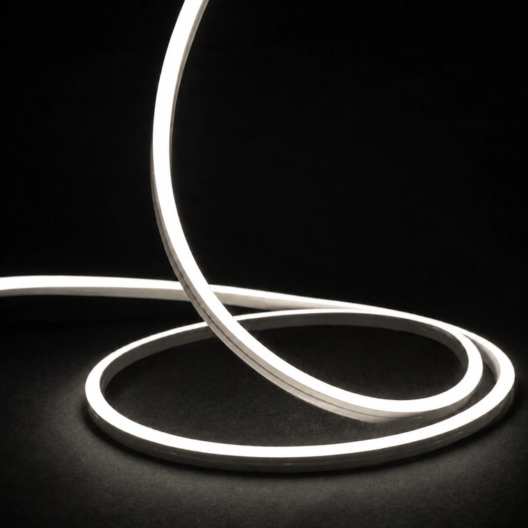 4000K horizontal-bend neon flex raised strand and loops on dark charcoal with soft surface illumination; colour-adjusted product photograph