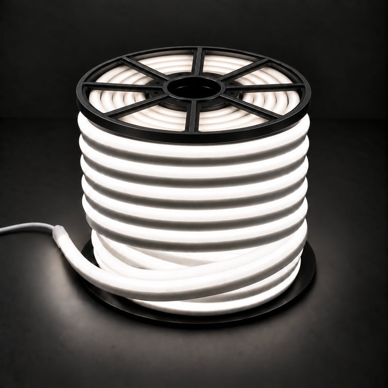Natural white 4000K 8×16mm 220–240V wireless IP65 LED neon flex lit reel with open-spoke black top, visible light inside, end cap and cable on dark charcoal