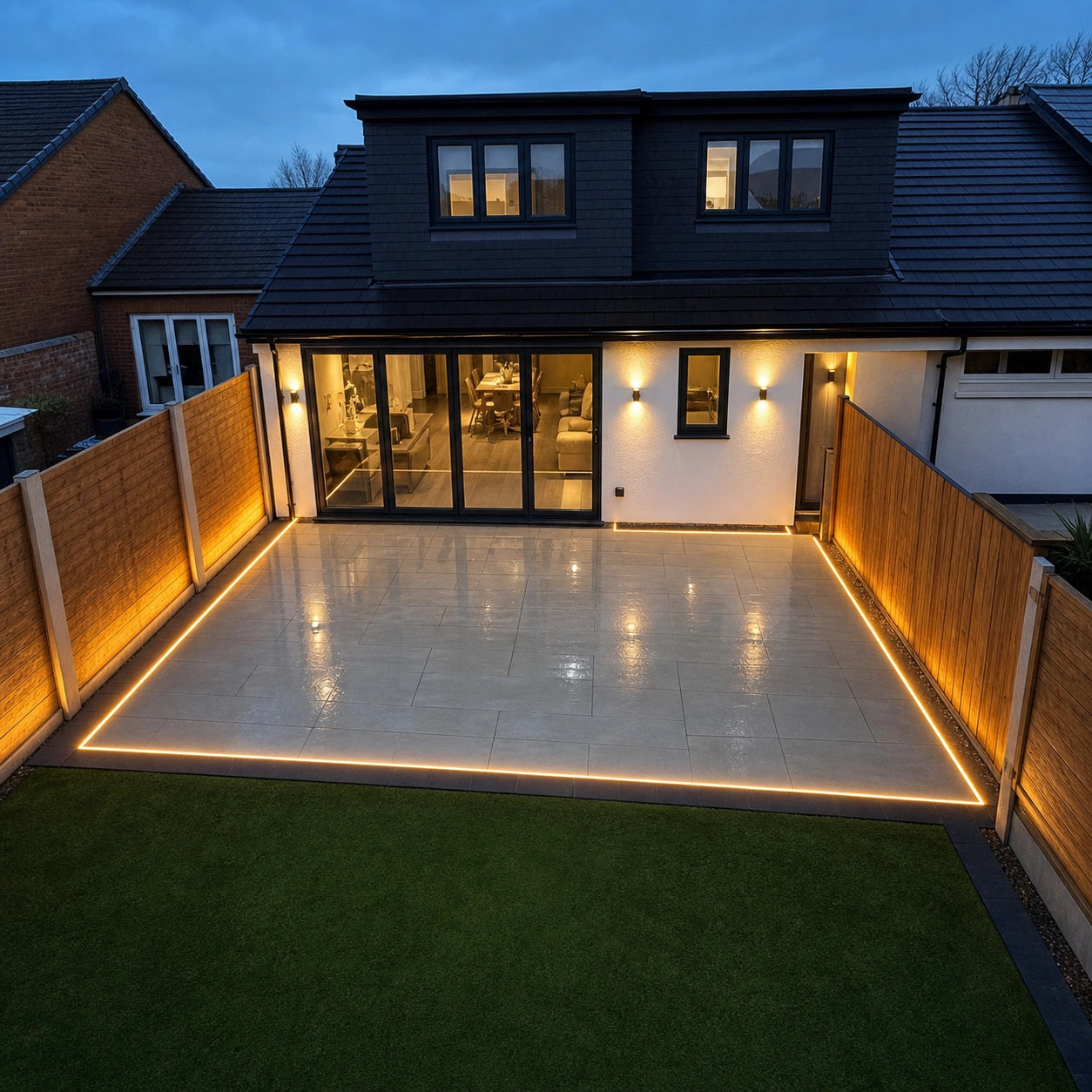 Warm White 3000K 6x12mm 48V IP67 LED neon flex outlining a porcelain patio viewed from above — ATOM LED