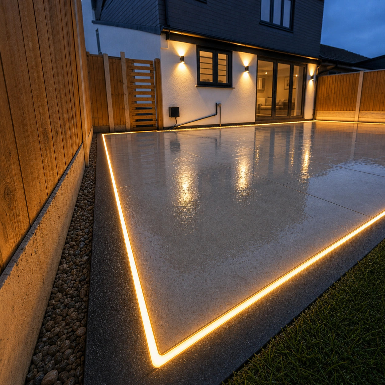 Cool White 6000K 8x16mm 48V IP67 LED neon flex lighting a patio edge at dusk — ATOM LED