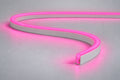Pink 6x12mm 12V IP65 neon flex showing the domed side-bend profile used in the product datasheet.