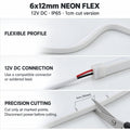 General 6x12mm 12V IP65 neon flex guide, shown in white, illustrating horizontal flexibility, two-wire connection and 10mm (1cm) marked cutting with power disconnected.