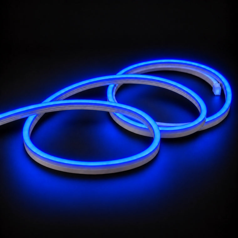 6x12mm LED neon flex with Blue illumination in overlapping loops on a dark charcoal surface.