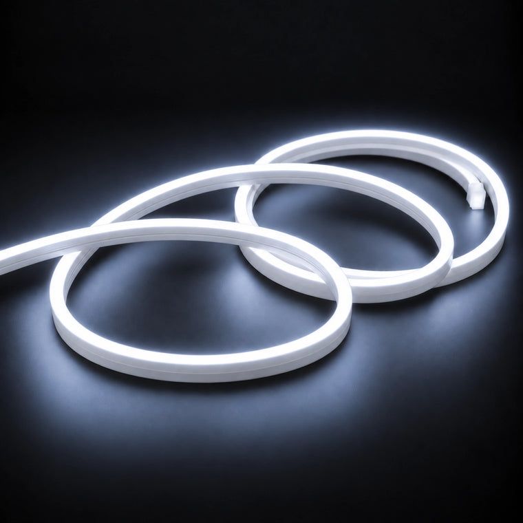 6x12mm LED neon flex with Cool White 6000K illumination in overlapping loops on a dark charcoal surface.