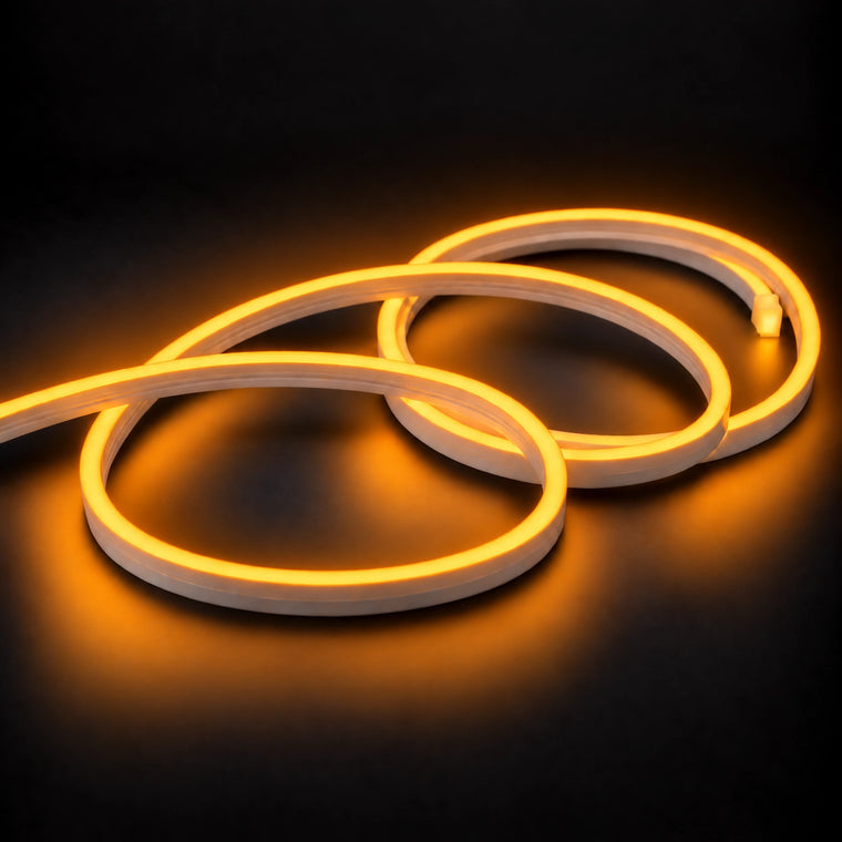 6x12mm LED neon flex with Golden illumination in overlapping loops on a dark charcoal surface.