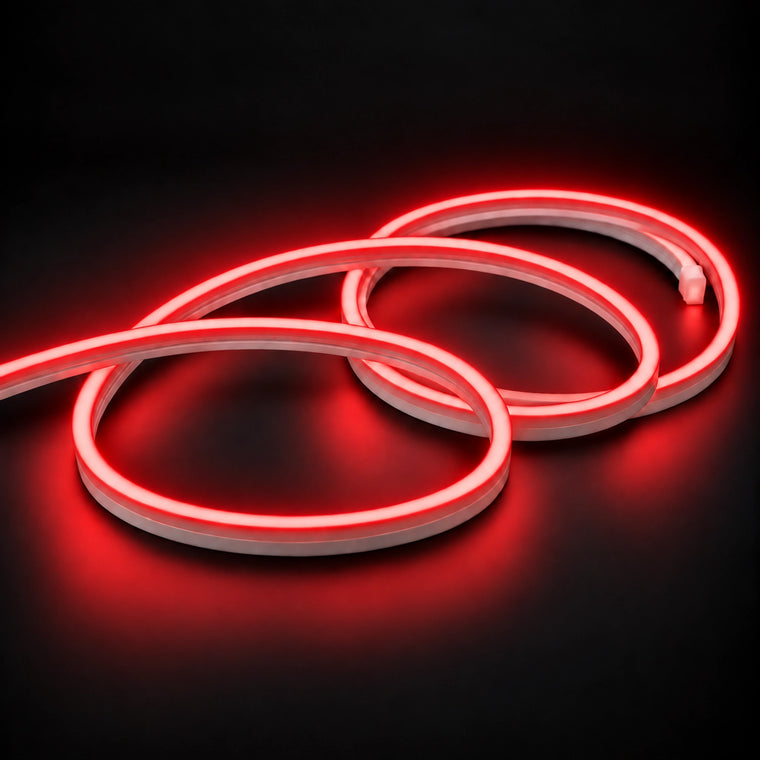6x12mm LED neon flex with Red illumination in overlapping loops on a dark charcoal surface.