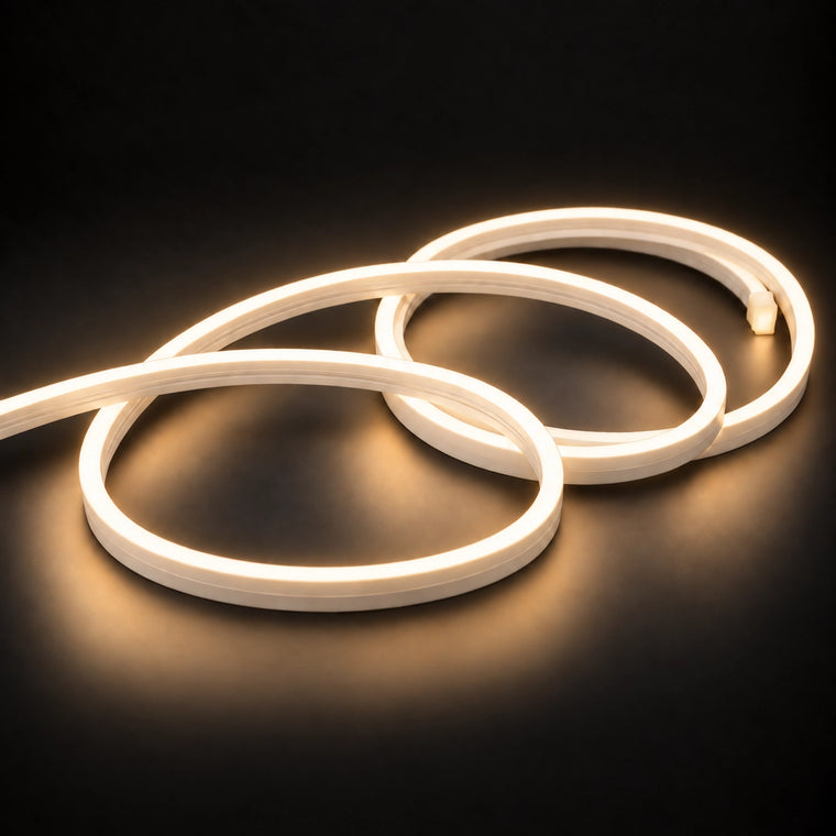 6x12mm LED neon flex with Warm White 3000K illumination in overlapping loops on a dark charcoal surface.
