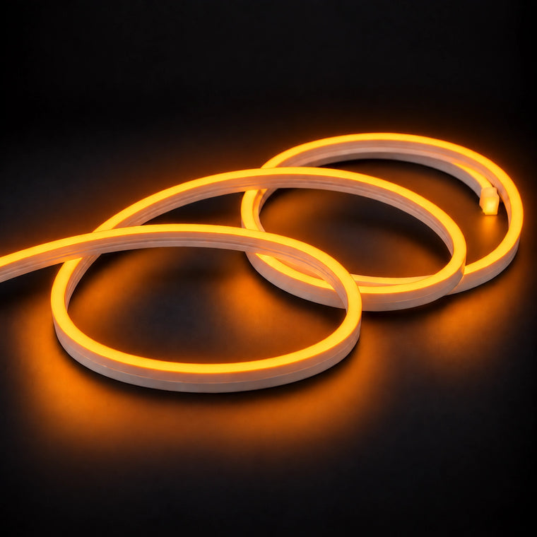 6x12mm LED neon flex with Yellow illumination in overlapping loops on a dark charcoal surface.