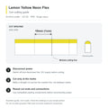 Lemon Yellow 6x12mm domed neon flex cutting guide showing 10mm (1cm) side-view marked intervals, disconnecting power, cutting at the marks and resealing ends.