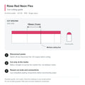 Rose Red 6x12mm domed neon flex cutting guide showing 10mm (1cm) side-view marked intervals, disconnecting power, cutting at the marks and resealing ends.