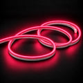 Rose Red neon flex with a coloured diffuser and white silicone sides, arranged in overlapping loops on dark charcoal.
