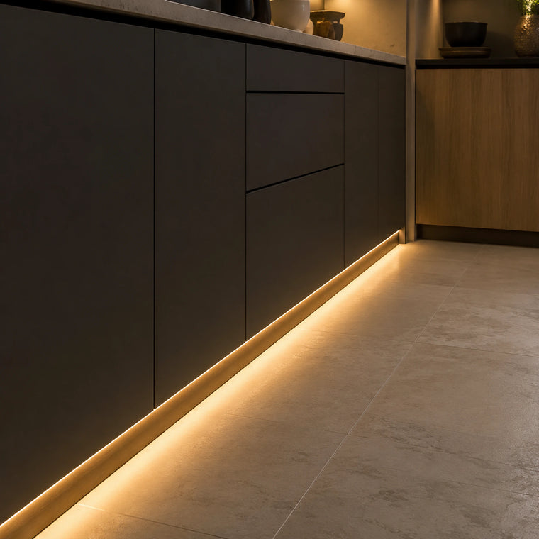 Warm White 3000K 10x6mm neon flex installed in a kitchen plinth and toe-kick