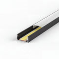 COB LED strip seated inside the black 17x8mm aluminium channel, unlit