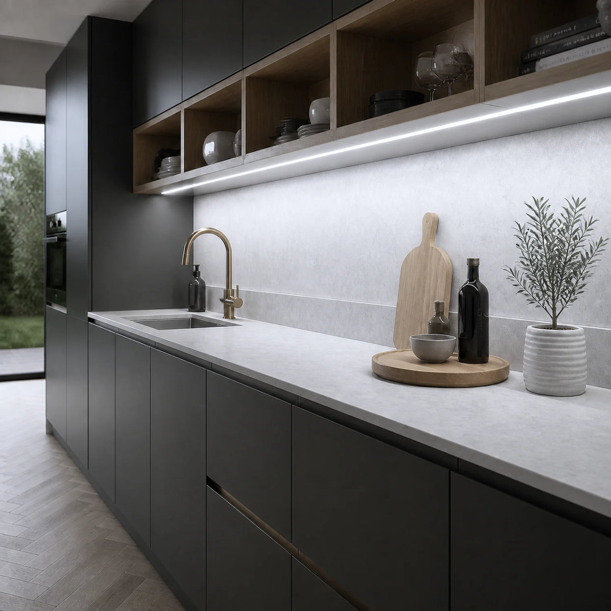 5000K FreeCut under cabinet COB LED strip installed in a modern kitchen — illustrative interior