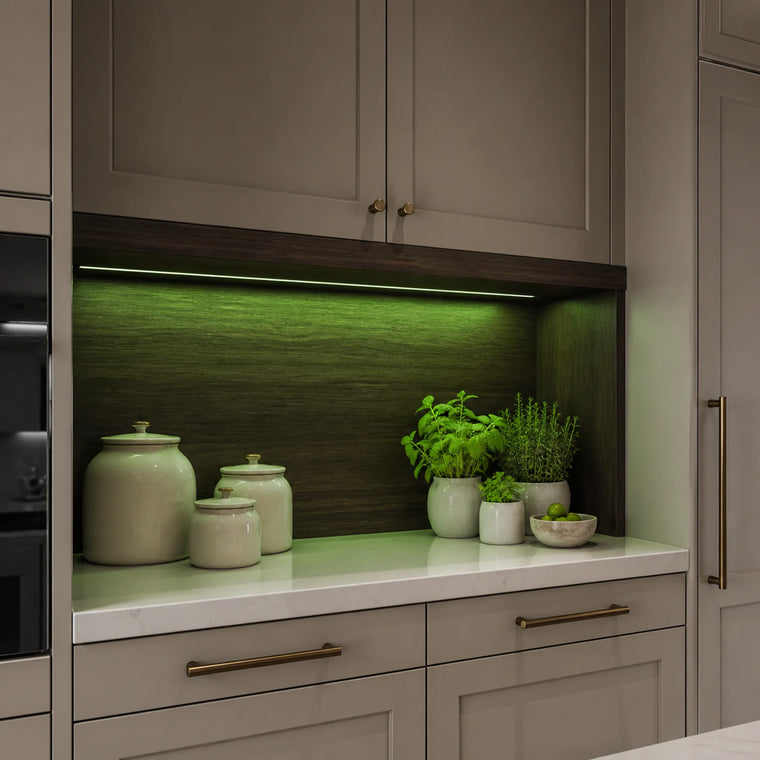 Green kitchen cabinet SCOB LED strip installed in a modern pantry niche — illustrative interior