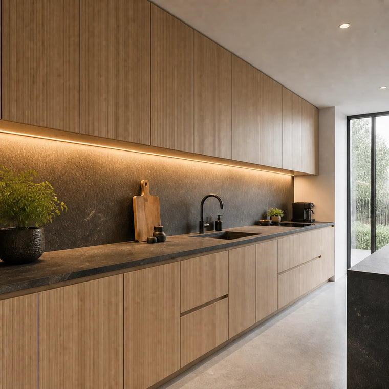 2700K long-run under cabinet COB LED strip installed across a modern kitchen — illustrative interior