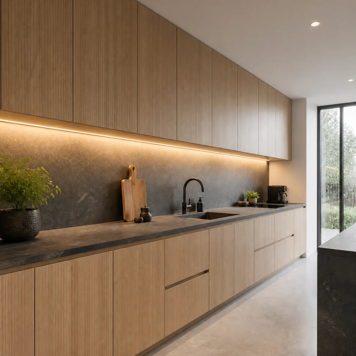 3000K long-run under cabinet COB LED strip installed across a modern kitchen — illustrative interior