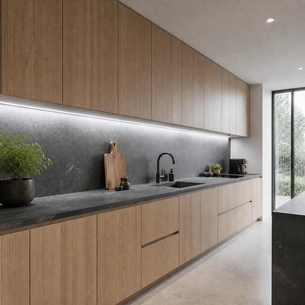 5000K long-run under cabinet COB LED strip installed across a modern kitchen — illustrative interior