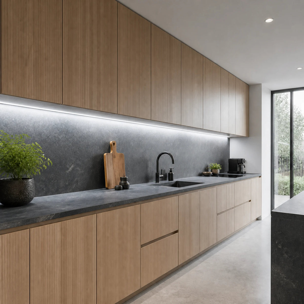6500K long-run under cabinet COB LED strip installed across a modern kitchen — illustrative interior