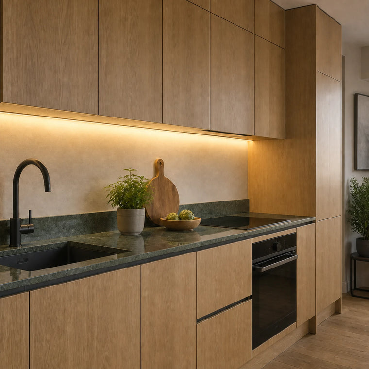 3000K precision under cabinet COB LED strip installed in a modern kitchen — illustrative interior
